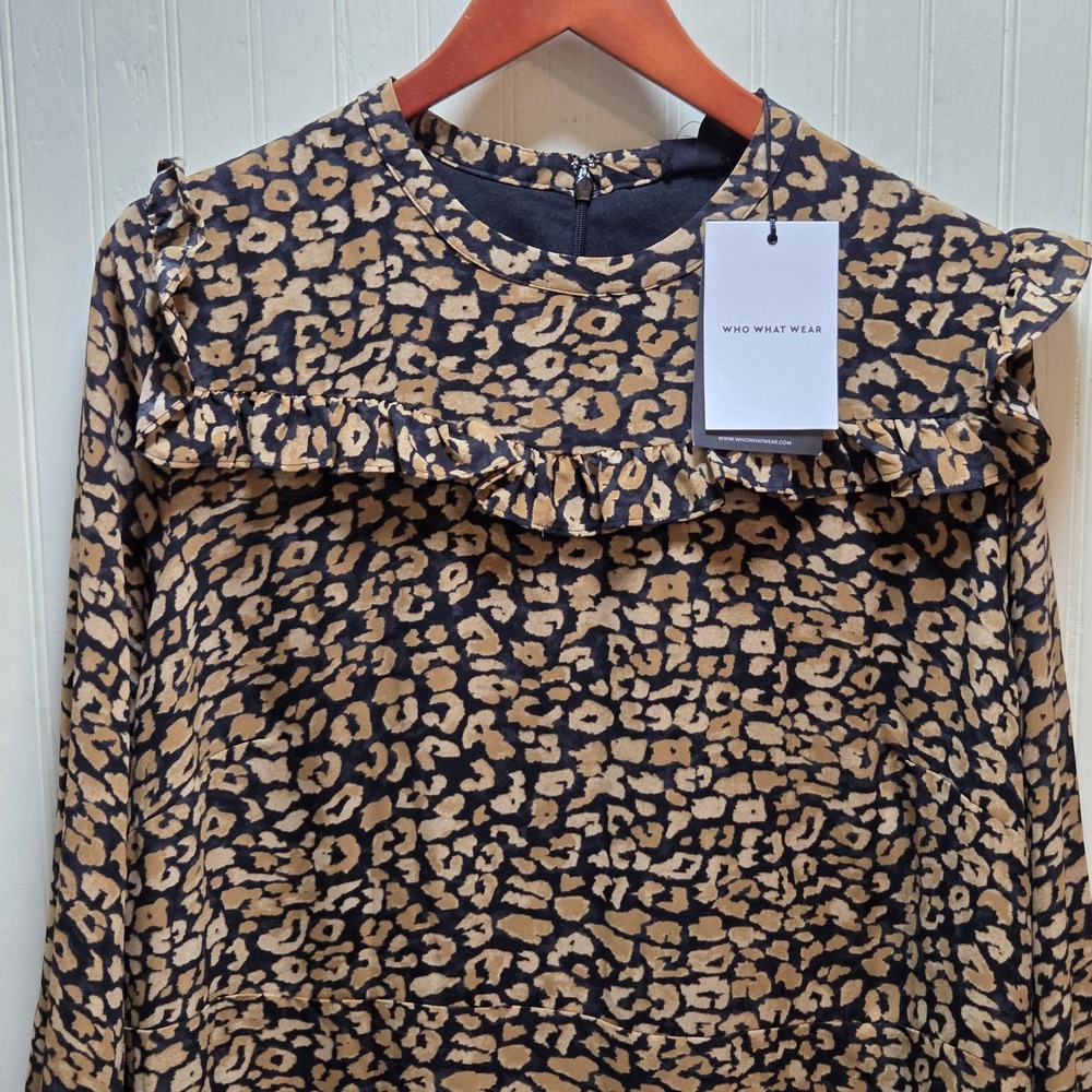 Who What Wear Dress Womens 2X Brown Leopard Print Long Sleeve Ruffle Shift